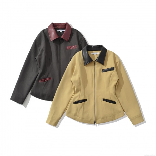 Women's Retro PU Leather Patchwork Lapel Jacket Long Sleeve Contrast Color Zip Up Pocket Decorative Outwear Coat Autumn Winter Streetwear