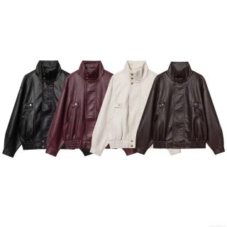 Women's Casual Vintage PU Leather Jacket Loose Stand Collar Moto Biker Coat With Buttons Autumn Streetwear Outerwear For Lady