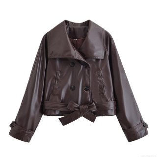 Women's PU Leather Short Trench Coat Double Breasted Lapel Windbreaker Jacket With Belt Fall Winter Fashion Streetwear Brown Jackets Outwear