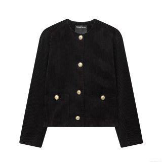 Women Corduroy Jacket Gold Lion Head Crest Buttons Round Neck Single Breasted Long Sleeve Short Coat Casual Loose Streetwear Baseball Uniform Outwear