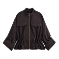 Women's Stand Collar Long Sleeve Jacket Lightweight Polyester Windbreaker With Drawstring Waist And Gold Zipper Solid Color Casual Streetwear Coat
