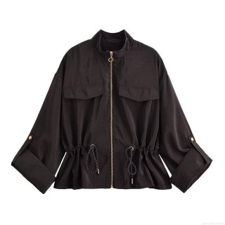 Women's Stand Collar Long Sleeve Jacket Lightweight Polyester Windbreaker With Drawstring Waist And Gold Zipper Solid Color Casual Streetwear Coat