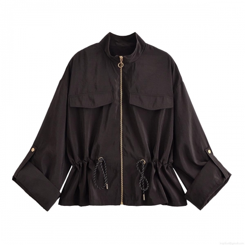 Women's Stand Collar Long Sleeve Jacket Lightweight Polyester Windbreaker With Drawstring Waist And Gold Zipper Solid Color Casual Streetwear Coat