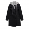Women's Fake Two-Piece Hooded Woolen Coat Detachable Long Sleeve Double Breasted Trench Coat Polyester Solid Color Winter Outerwear Casual Streetwear