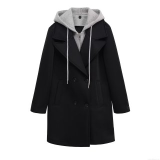 Women's Fake Two-Piece Hooded Woolen Coat Detachable Long Sleeve Double Breasted Trench Coat Polyester Solid Color Winter Outerwear Casual Streetwear