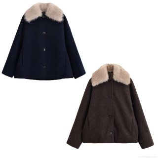 Women's Fashion Faux Fur Collar Woolen Jacket Coat Autumn Winter Casual Loose Single Breasted Warm Streetwear Outerwear For Lady