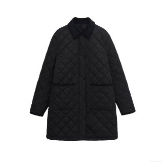 Women Mid-length Diamond Quilted Cotton Coat with Corduroy Collar Loose Fit Zipper Snap Button Pockets Warm Outerwear for Autumn Winter