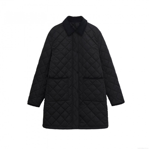 Women Mid-length Diamond Quilted Cotton Coat with Corduroy Collar Loose Fit Zipper Snap Button Pockets Warm Outerwear for Autumn Winter