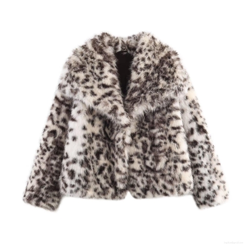 Women's Leopard Print Faux Fur Jacket Fashion Lapel Single Breasted Polyester Warm Coat For Autumn Winter Streetwear Ladies