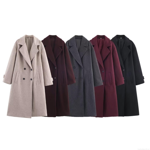 Women's Double Breasted Long Woolen Coat Elegant Lapel Overcoat Solid Color Winter Warm Loose Jacket For Ladies