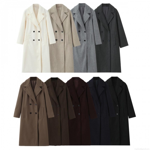 Women European Style Long Woolen Coat Double Breasted Lapel Polyester Warm Minimalist Streetwear Trench Coat For Women Autumn Winter Outwear