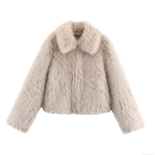 Women's Autumn Faux Fur Jacket Western Style Lapel Long Sleeve Shaggy Faux Fox Fur Coat With Zipper Pocket Casual Streetwear Outwear Khaki
