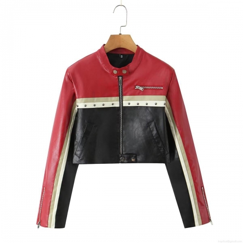 Women Color Block PU Leather Motorcycle Jacket Stand Collar Short Zip Up Moto Coat Rivet Decor Streetwear Autumn Outerwear