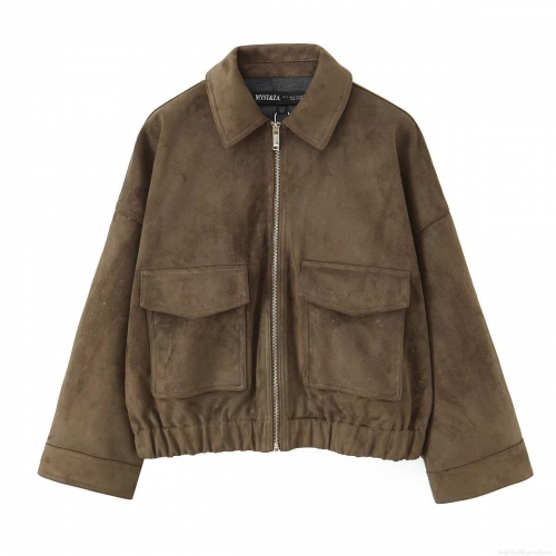 Women's Faux Suede Zipper Jacket Solid Color Casual Streetwear Autumn Winter Pocket Coat With Turn-down Collar Fashion Outerwear For Ladies