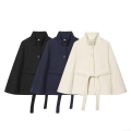 Women's Woolen Cape Coat Stand Collar Tie Waist Short Wool Blend Jacket Wide Sleeve Single Breasted Autumn Winter Outerwear Fashion Streetwear