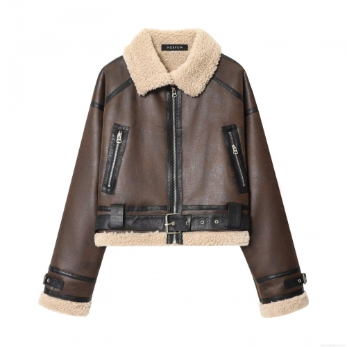Women's Vintage Biker Faux Leather Jacket Long Sleeve Lapel Faux Lamb Wool Trim Loose Fit Zip Up Outerwear Coat For Autumn Winter