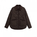 Women's Quilted Jacket With Corduroy Collar Coffee Brown Padded Cotton Coat Long Sleeve Button Up Outwear Streetwear Casual Winter Warm Puffer Jacket