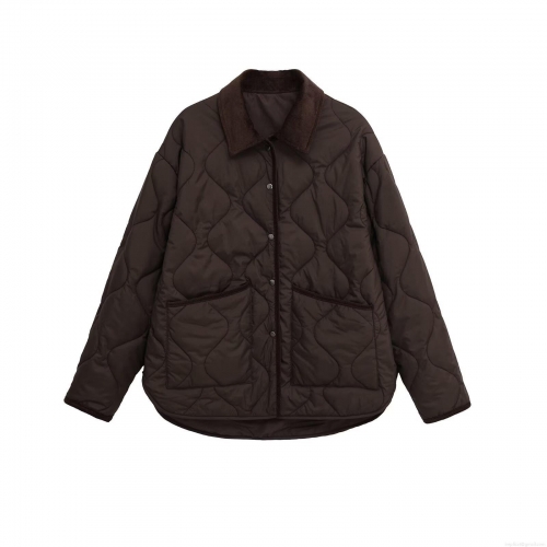 Women's Quilted Jacket With Corduroy Collar Coffee Brown Padded Cotton Coat Long Sleeve Button Up Outwear Streetwear Casual Winter Warm Puffer Jacket