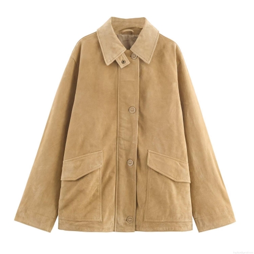 Women's Suede Texture Jacket Lapel Long Sleeve Single Breasted Bomber Coat With Large Pockets Streetwear Casual Outerwear For Women Fall Winter