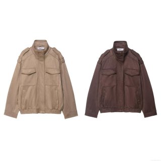 Women's Faux Suede Stand Collar Jacket Loose Baseball Outerwear Long Sleeve Solid Color Pocket Utility Streetwear Coat For Autumn