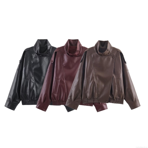Women's Slanted Placket PU Faux Leather Jacket Stand Collar Loose Fit Bomber Coat Vintage Streetwear Fashion Outerwear with Pockets for Ladies Autumn Winter