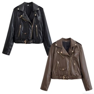 Women's Fashion PU Leather Biker Jacket Gold Zipper Lapel Long Sleeve Loose Fit Outerwear Coat With Belt Streetwear
