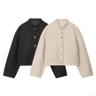 Women's Stand Collar Short Baseball Bomber Jacket Solid Color Wool-Like Single Breasted Outerwear With Pockets And Elastic Hem For Autumn Streetwear Fashion