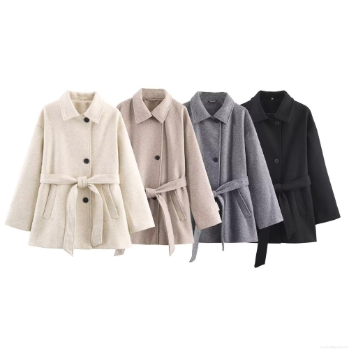 Women's Mid-Length Woolen Coat Elegant Lapel Single-Breasted Jacket With Belt Solid Color Thick Outerwear For Autumn Winter Casual Streetwear Ladies