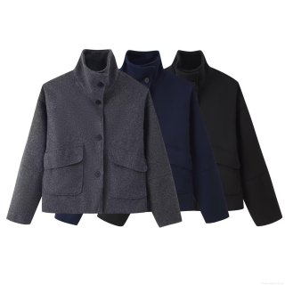 Women Stand Collar Woolen Look Short Jacket Single Breasted Solid Color Long Sleeve Coat With Large Pockets Autumn Winter Casual Streetwear Outwear Fashion Outerwear