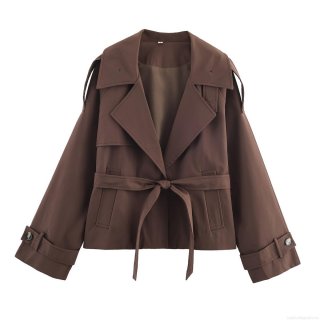 Women's Short Trench Coat Jacket 100% Polyester Windbreaker With Belt Lapel Slim Waist Autumn Casual Streetwear Outwear For Women