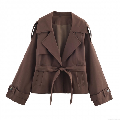 Women's Short Trench Coat Jacket 100% Polyester Windbreaker With Belt Lapel Slim Waist Autumn Casual Streetwear Outwear For Women