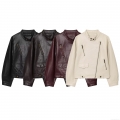 Women's PU Faux Leather Motorcycle Jacket Stand Collar Zipper Decoration Long Sleeve Streetwear Baseball Uniform Coat With Polyester Lining For Spring Fall Ladies
