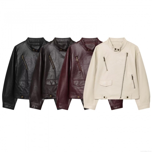 Women's PU Faux Leather Motorcycle Jacket Stand Collar Zipper Decoration Long Sleeve Streetwear Baseball Uniform Coat With Polyester Lining For Spring Fall Ladies