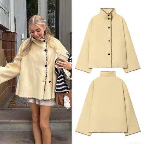 Women's Oversized Woolen Like Jacket High Neck Single Breasted Long Sleeve Coat With Contrast Stitching Autumn Winter Loose Streetwear Outerwear