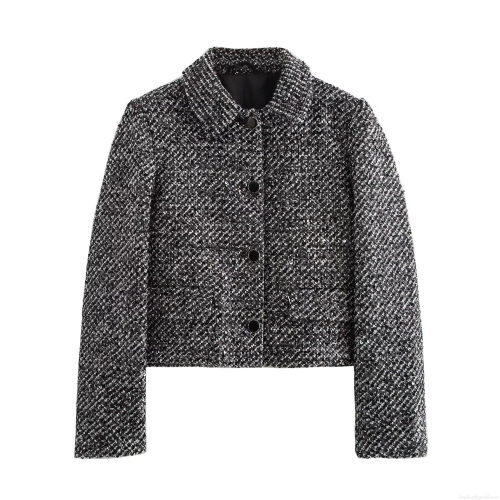 Women's Elegant Sequin Tweed Jacket Vintage Black White Plaid Long Sleeve Short Coat With Decorative Buttons For Autumn Winter Fashion