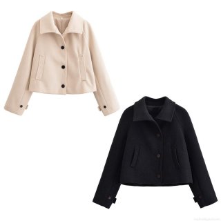 Women's Short Woolen Coat Lapel Single Breasted Long Sleeve Jacket Solid Color Outwear For Autumn Winter Minimalist Streetwear