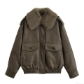 Women's Vintage PU Leather Bomber Jacket With Detachable Faux Fur Collar Loose Fit Zip Up Long Sleeve Outerwear With Big Pockets Streetwear Fashion Coat