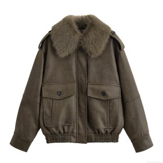Women's Vintage PU Leather Bomber Jacket With Detachable Faux Fur Collar Loose Fit Zip Up Long Sleeve Outerwear With Big Pockets Streetwear Fashion Coat