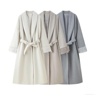Women Long Polyester Woolen Coat With Faux Fur Cuffs Elegant Lapel Waist Tie Belt Oversized Trench Coat Winter Streetwear Fashion Ladies