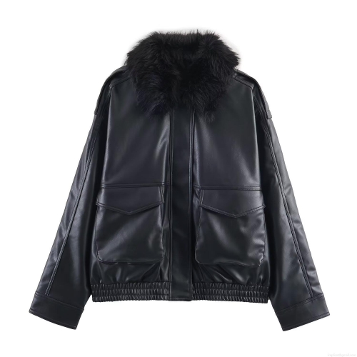 Women's European American Style Loose Faux Leather Jacket With Detachable Fur Collar Autumn Winter Casual PU Biker Coat Long Sleeve Zip Up Streetwear Solid Black Outerwear