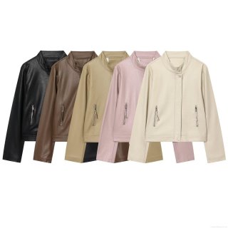 Women's PU Faux Leather Jacket Stand Collar Long Sleeve Loose Fit Zip Up Short Moto Coat For Autumn Winter Streetwear Ladies Outwear