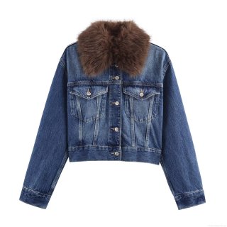 Women Denim Jacket With Faux Fur Collar Patchwork Button Down Long Sleeve Warm Coat For Autumn Winter Casual Streetwear Ladies Outerwear