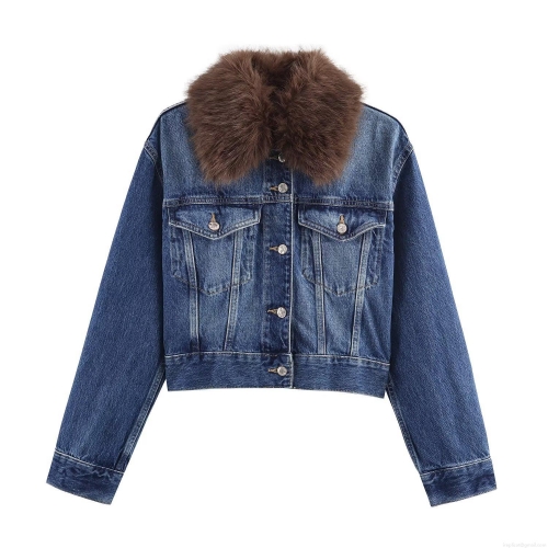 Women Denim Jacket With Faux Fur Collar Patchwork Button Down Long Sleeve Warm Coat For Autumn Winter Casual Streetwear Ladies Outerwear