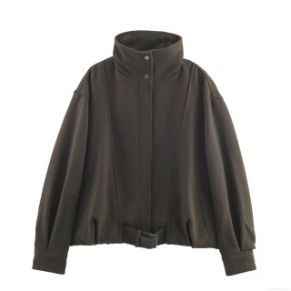 Women's Short Bomber Jacket Twill Woolen Look Coat High Stand Collar Double Buckle Belted Hem Long Sleeve Outerwear Autumn Streetwear Casual Jacket For Lady