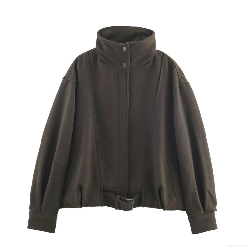 Women's Short Bomber Jacket Twill Woolen Look Coat High Stand Collar Double Buckle Belted Hem Long Sleeve Outerwear Autumn Streetwear Casual Jacket For Lady