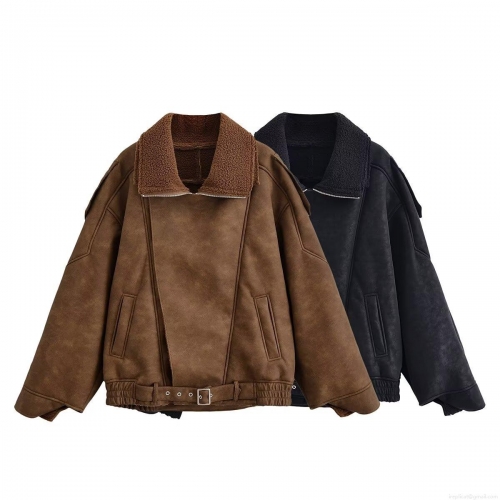Women's Faux Suede Fleece Lined Jacket Lapel Long Sleeve Motorcycle Coat Autumn Winter Loose Outerwear With Belt Fashion Warm Jacket