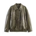 Women's Faux Leather PU Bomber Jacket Casual Lapel Long Sleeve Loose Zip Up Baseball Coat Streetwear Windproof Outerwear For Autumn Winter