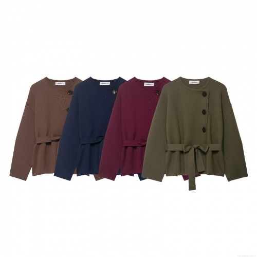 Women's Round Neck Knit Cardigan With Belt Solid Color Long Sleeve Single Breasted Sweater Jacket Casual Autumn Streetwear Knitted Outerwear