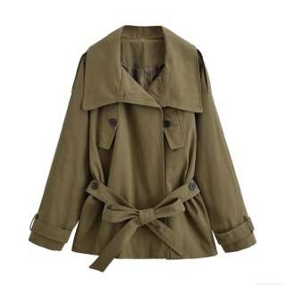 Women's Short Trench Coat Jacket With Belt Solid Color Lapel Long Sleeve Loose Fit Windbreaker Autumn Fashion Streetwear For Ladies