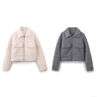Women's Woolen Texture Short Jacket Zip-Up Lapel Coat With Pockets Solid Color Thick Outwear Streetwear Style For Autumn Winter Ladies